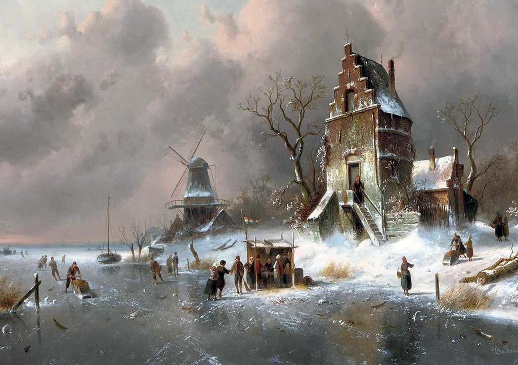 Holenderski zimowy krajobraz z łyżwiarzami.