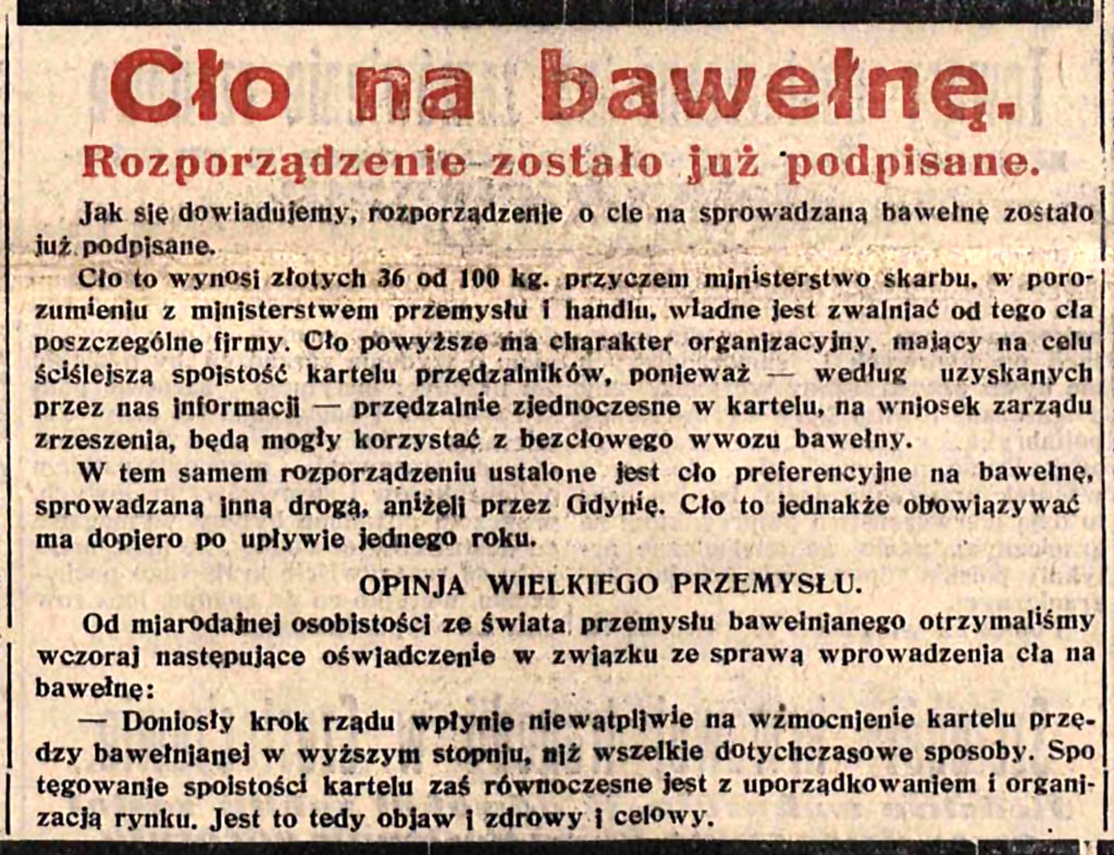 cło na bawełnę w Łodzi