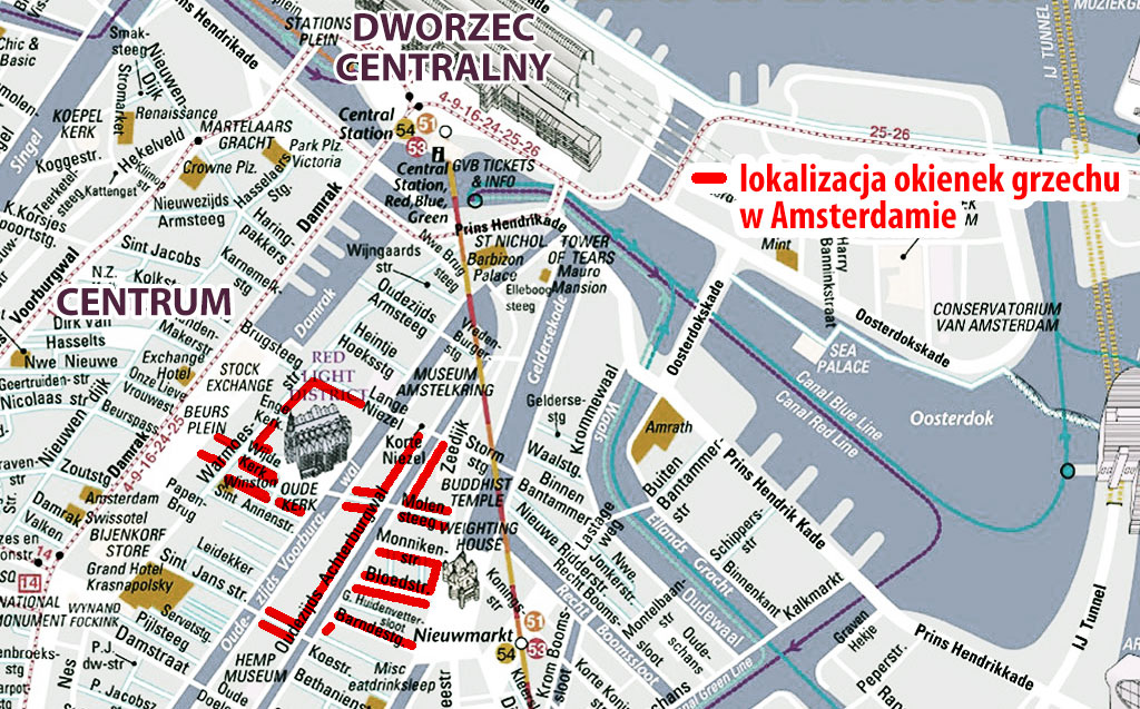 mapa dystryktu czerwonych latarni w Amsterdamie