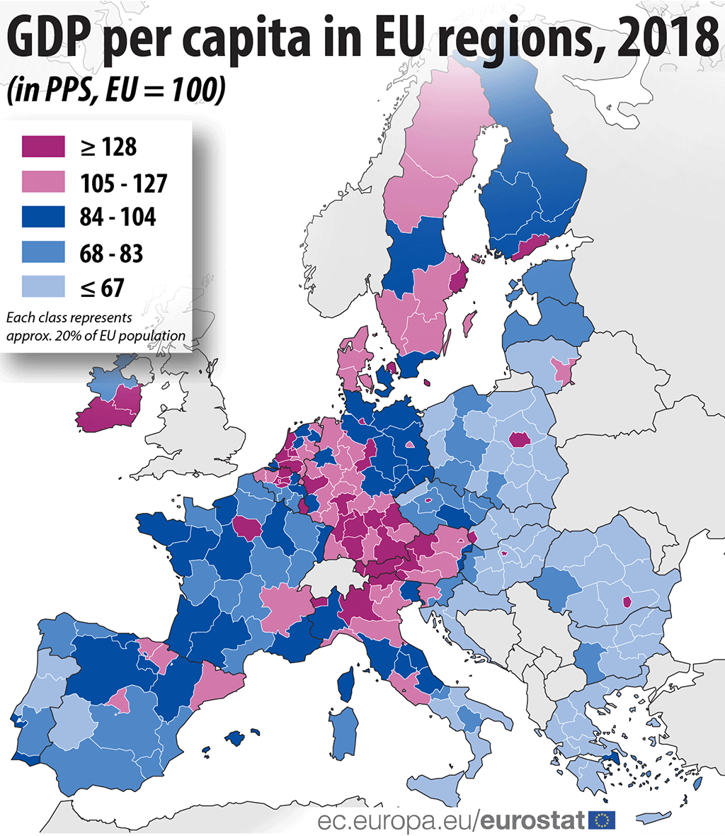 PKB na mieszkańca UE w 2018 r.