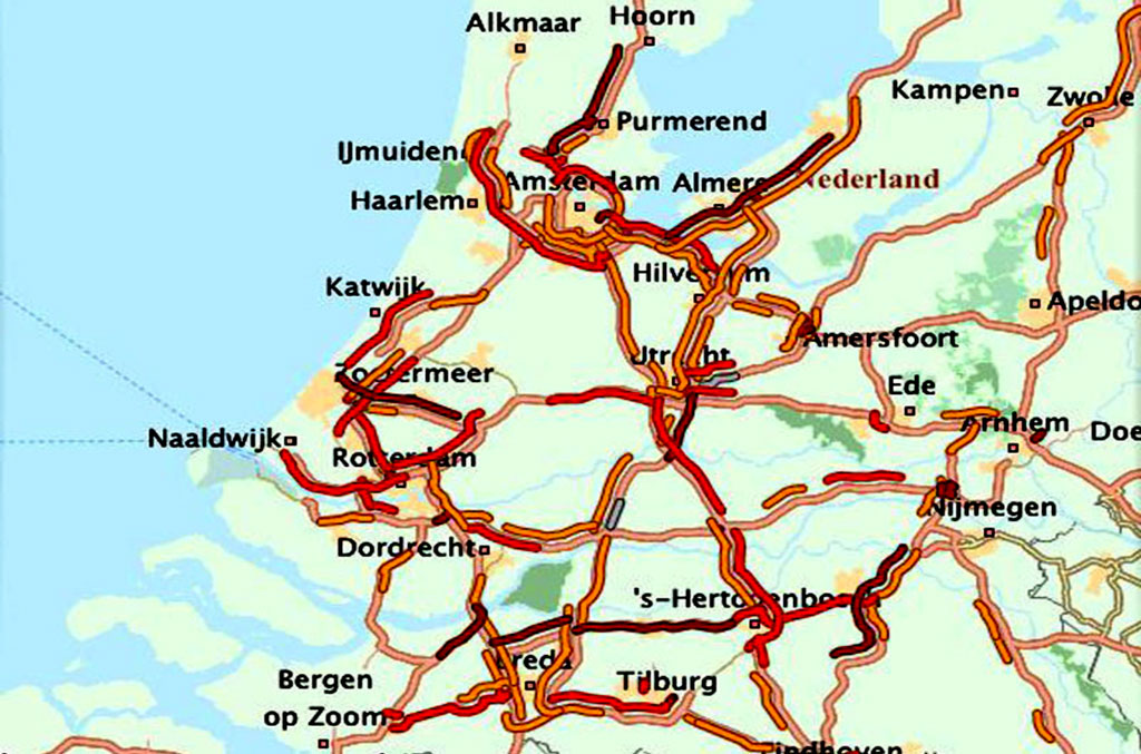 mapa korków na holenderskich autostradach.