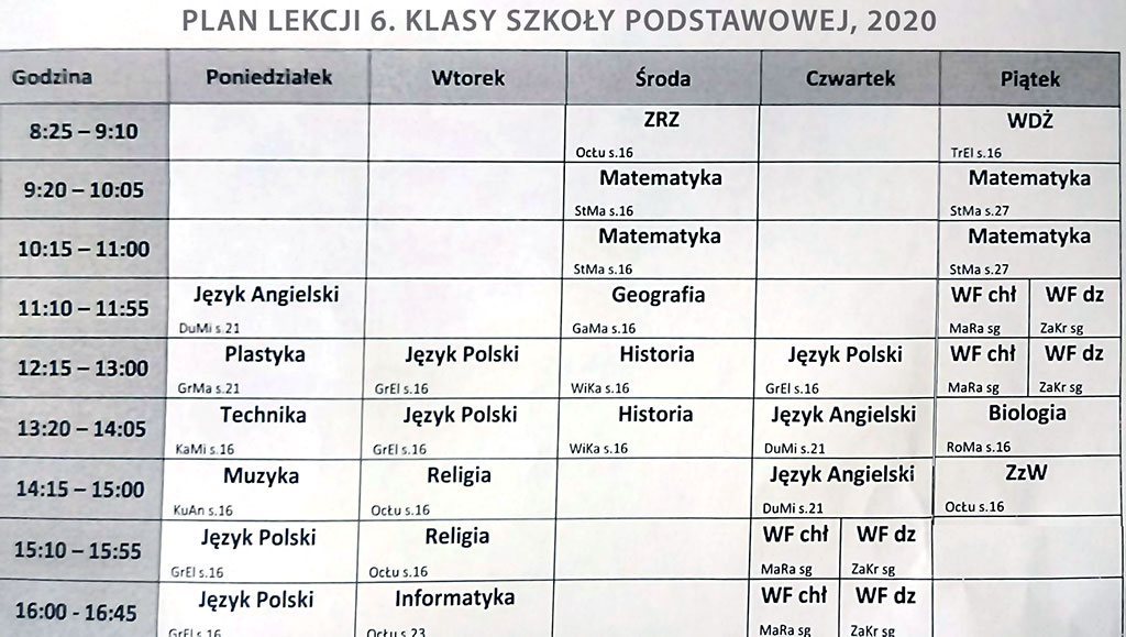 rozkład lekcji w szkole podstawowej w Polsce