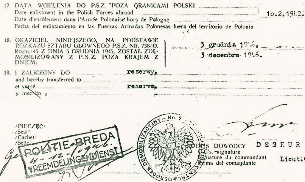 dokument demobilizacji polskiego żołnierza na Zachodzie.