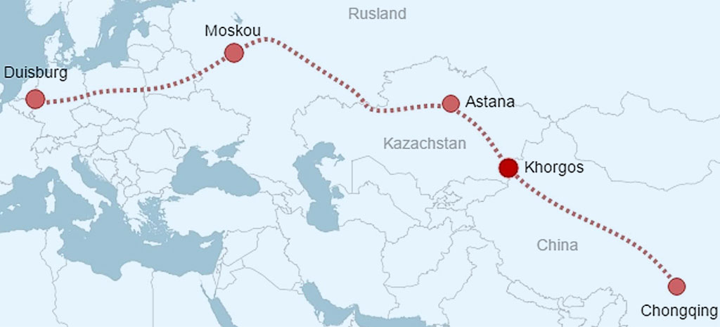 trasa transportu kontenerowego z Chin do Europy