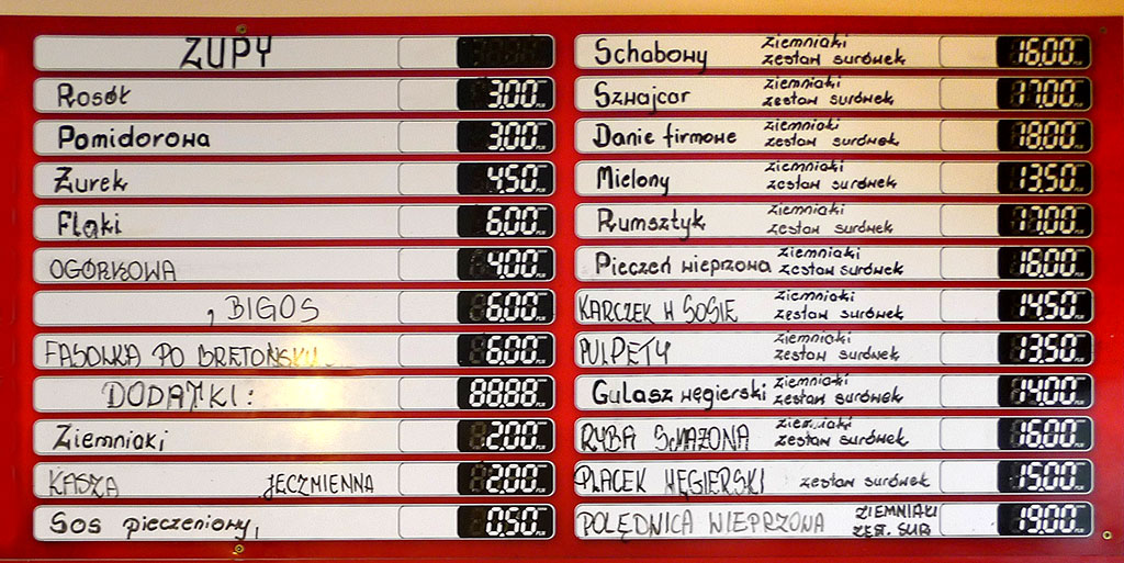 karta dań z baru w Polsce 2010 r.