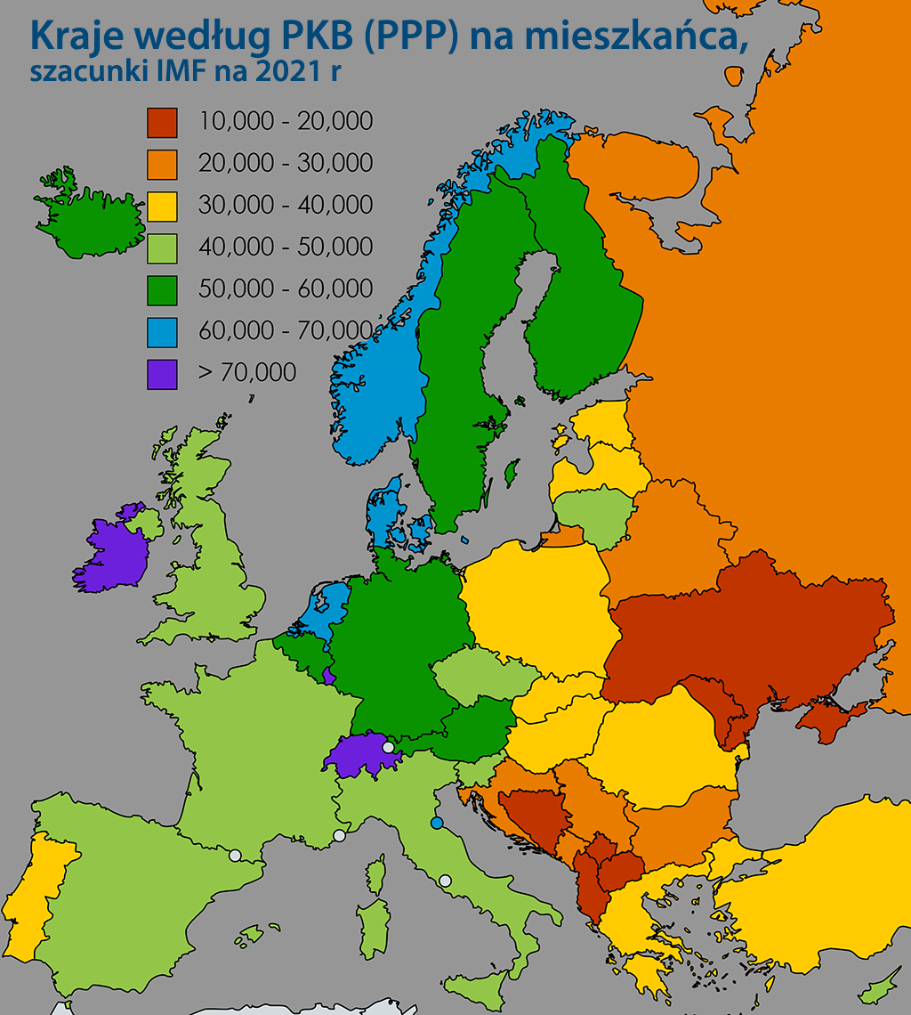 PKB na głowę mieszkańca w Europie 2021