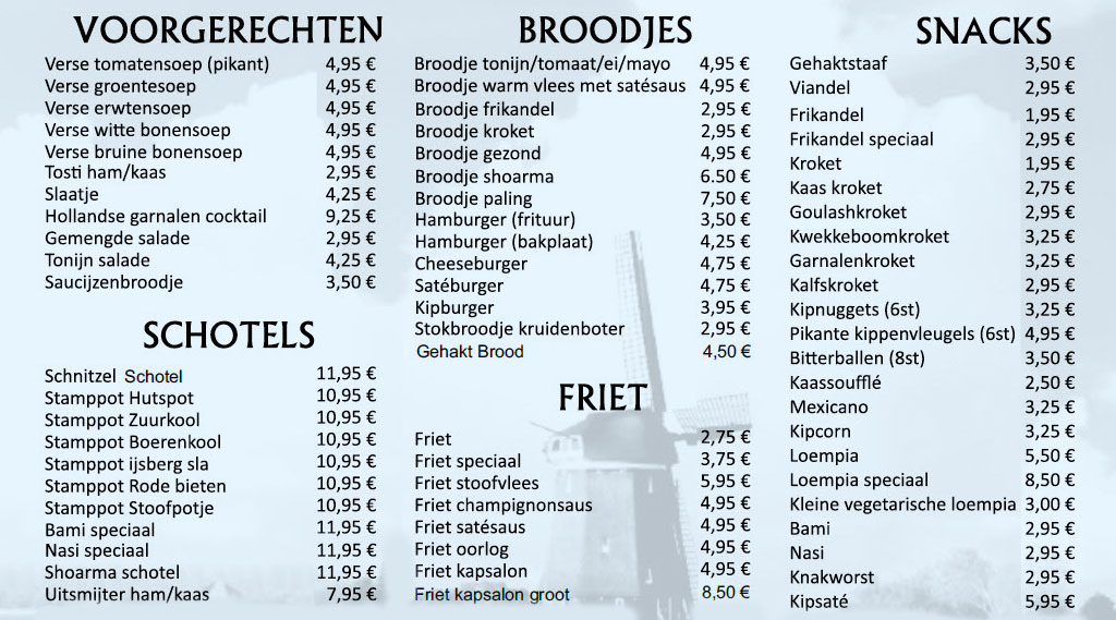 holenderska karta dań menu