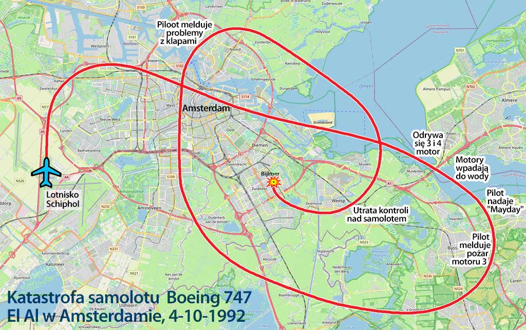 Trasa przelotu przed katastrofą lotniczą w Amsterdamie 1992