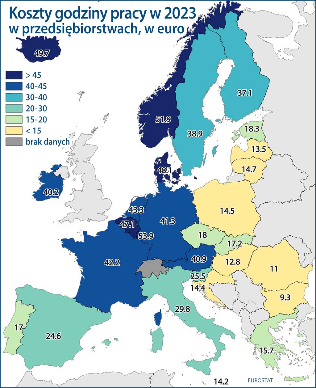 Godzina pracy w krajach UE, 2023
